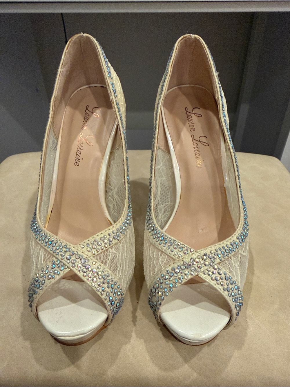Lauren Lorraine Ivory Lace Peep-Toe Heels with Blue Crystal Accents